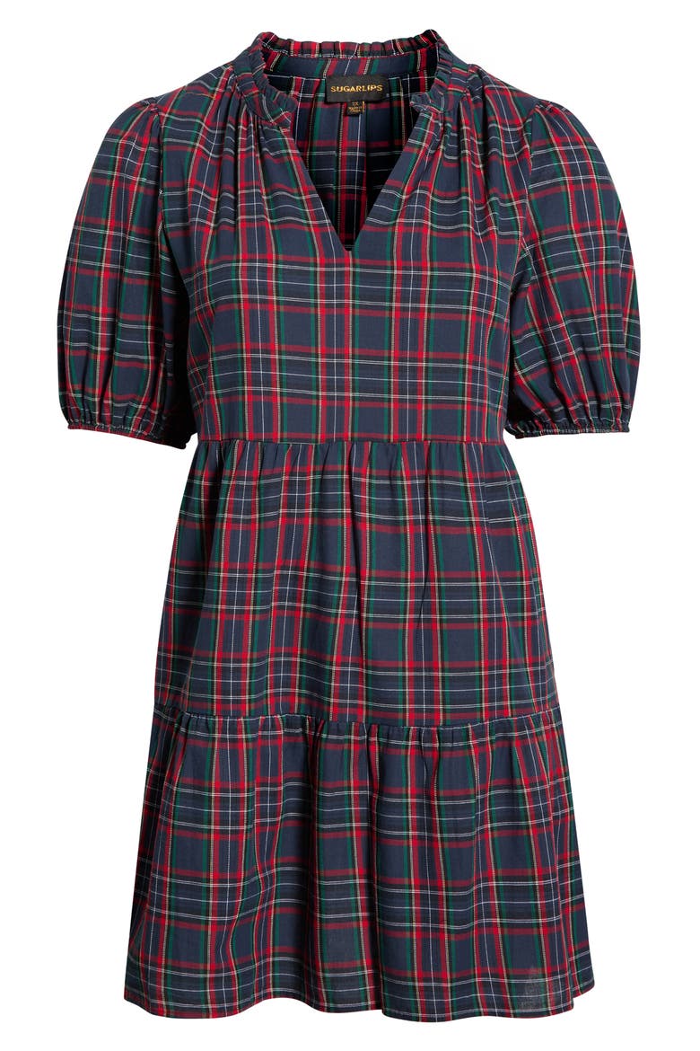 Chapman Plaid Puff Sleeve Dress, Alternate, color, NAVY-MULTI