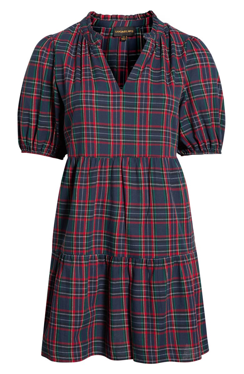 SUGARLIPS Chapman Plaid Puff Sleeve Dress, Alternate, color, Navy-Multi