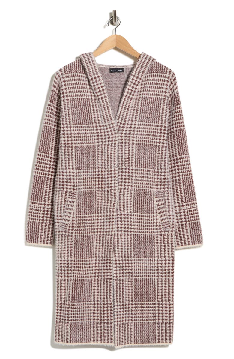 Love Token Plaid Hooded Cardigan Duster, Alternate, color, Brown