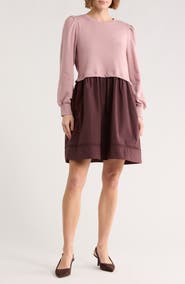 Melrose and Market Fleece Woven Mixed Media Long Sleeve Dress