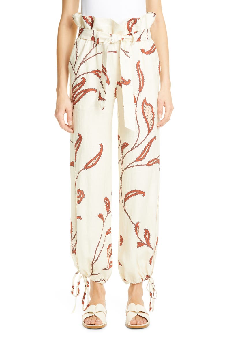 Leaf Print Linen Paperbag Pants, Main, color, ECRU
