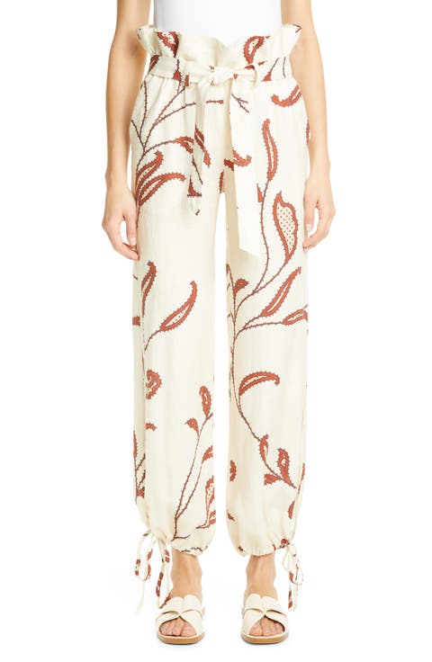 Leaf Print Linen Paperbag Pants