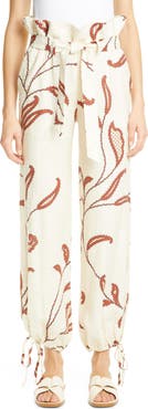Johanna Ortiz Leaf Print Linen Paperbag Pants
