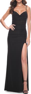La Femme Net Jersey Ruched Dress with Rhinestone Fishnet Detail on Bust