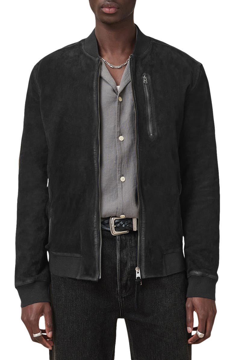 AllSaints Kemble Suede Bomber Jacket, Main, color, Black