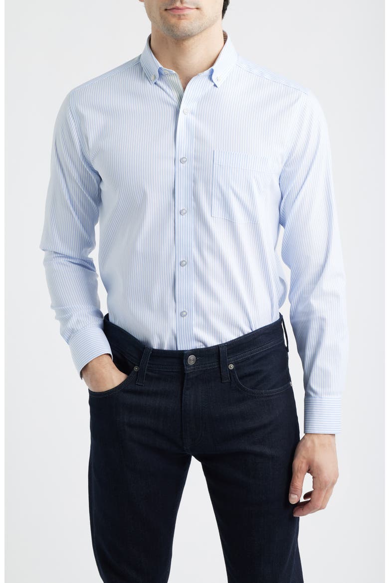 Ovation Stripe Non-Iron Stretch Cotton Button-Up Shirt, Main, color, BLUE STRIPED OXFORD