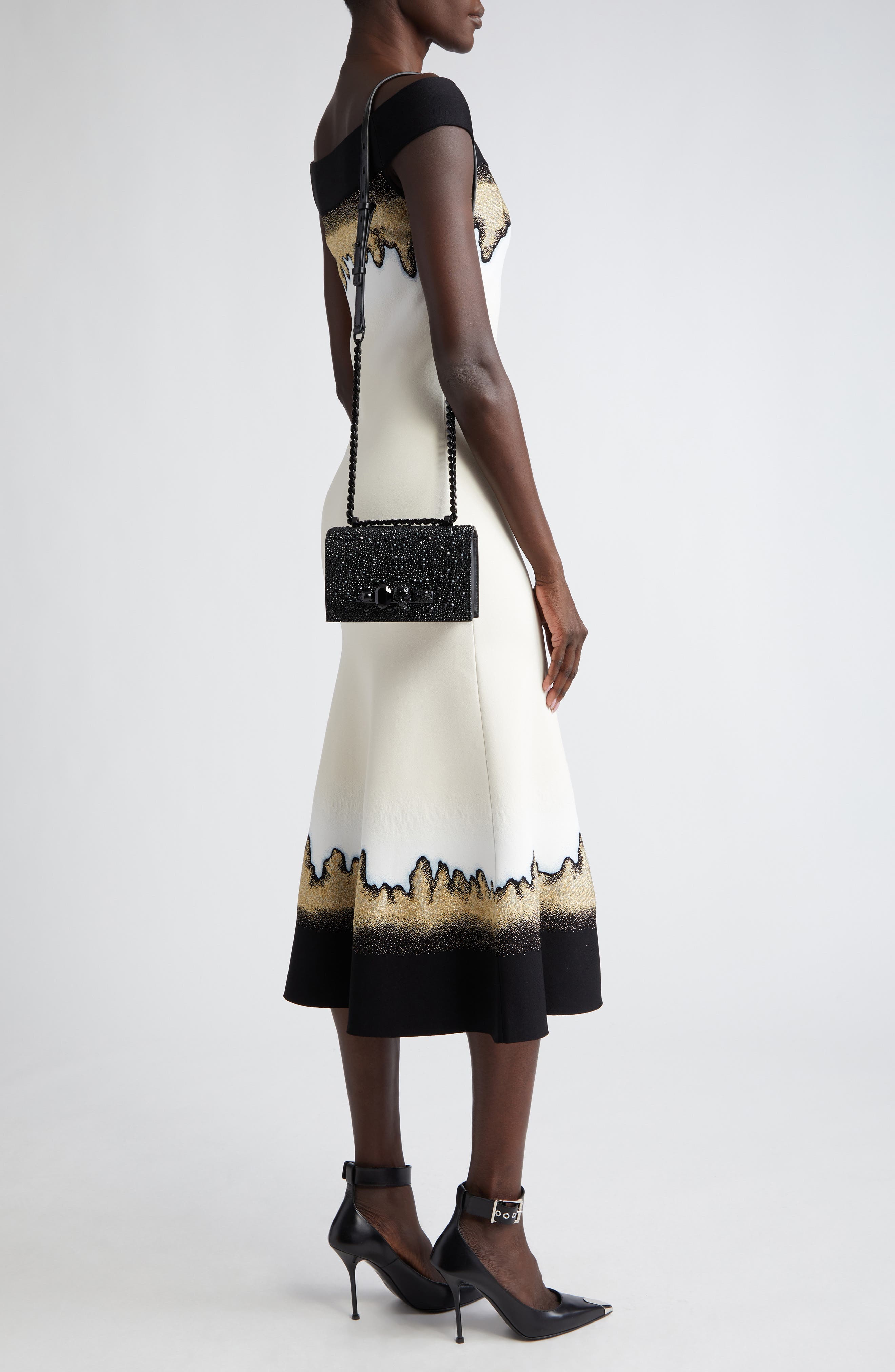 McQueen Mini Jeweled Crystal Embellished Leather Satchel, Alternate, color, Black