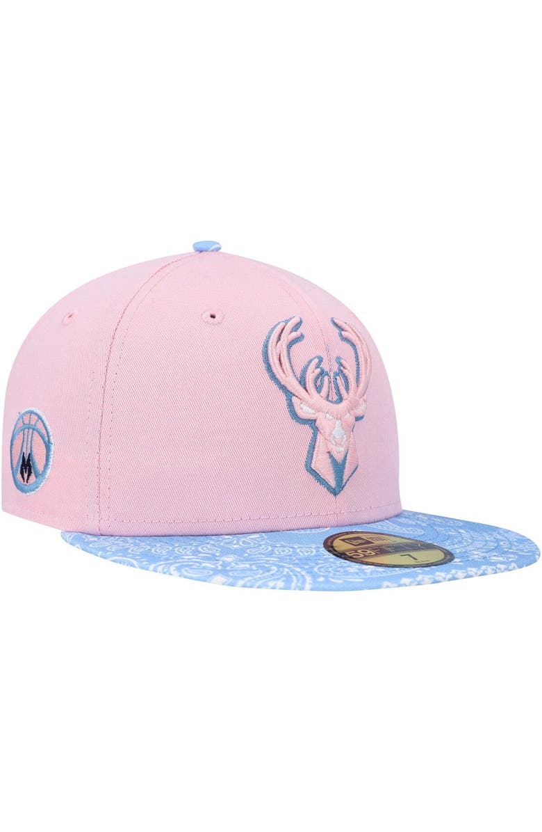 New Era Men's New Era Pink/Light Blue Milwaukee Bucks Paisley Visor 59FIFTY Fitted Hat, Main, color, 