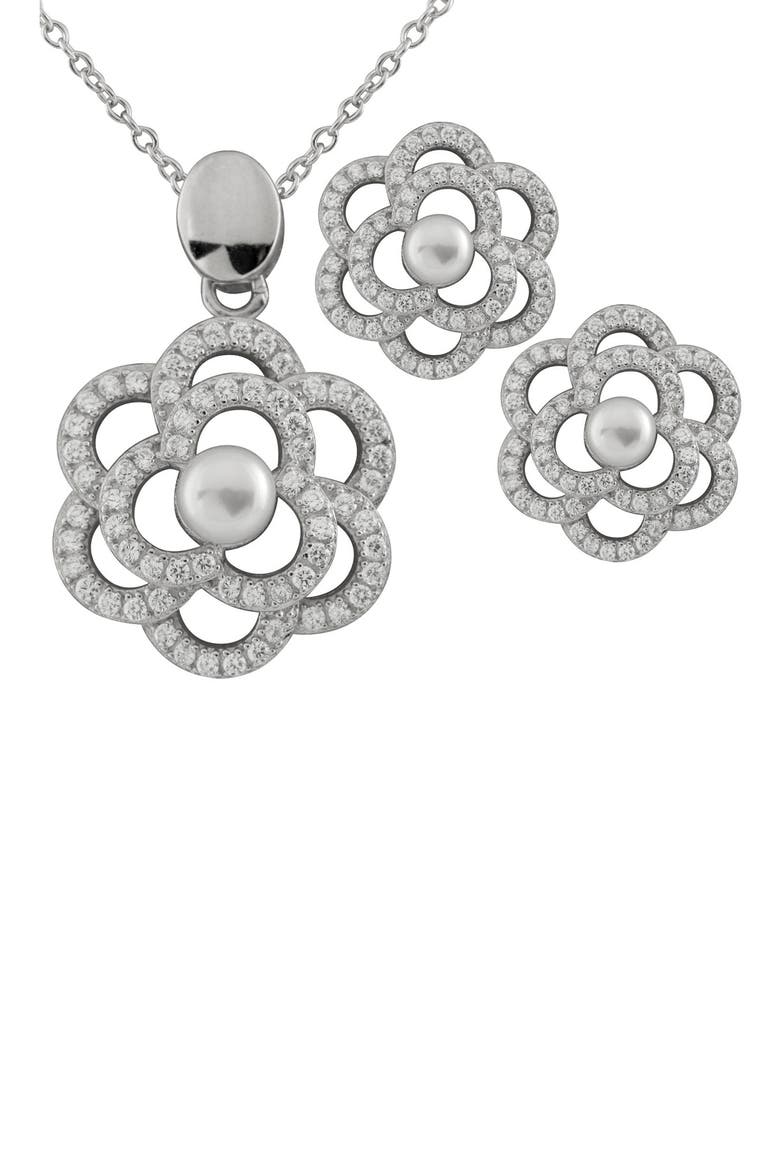 Rhodium Plated Sterling Silver 5-5.5mm Cultured Freshwater Pearl Floral Earrings & Necklace 3-Piece Set, Main, color, WHITE