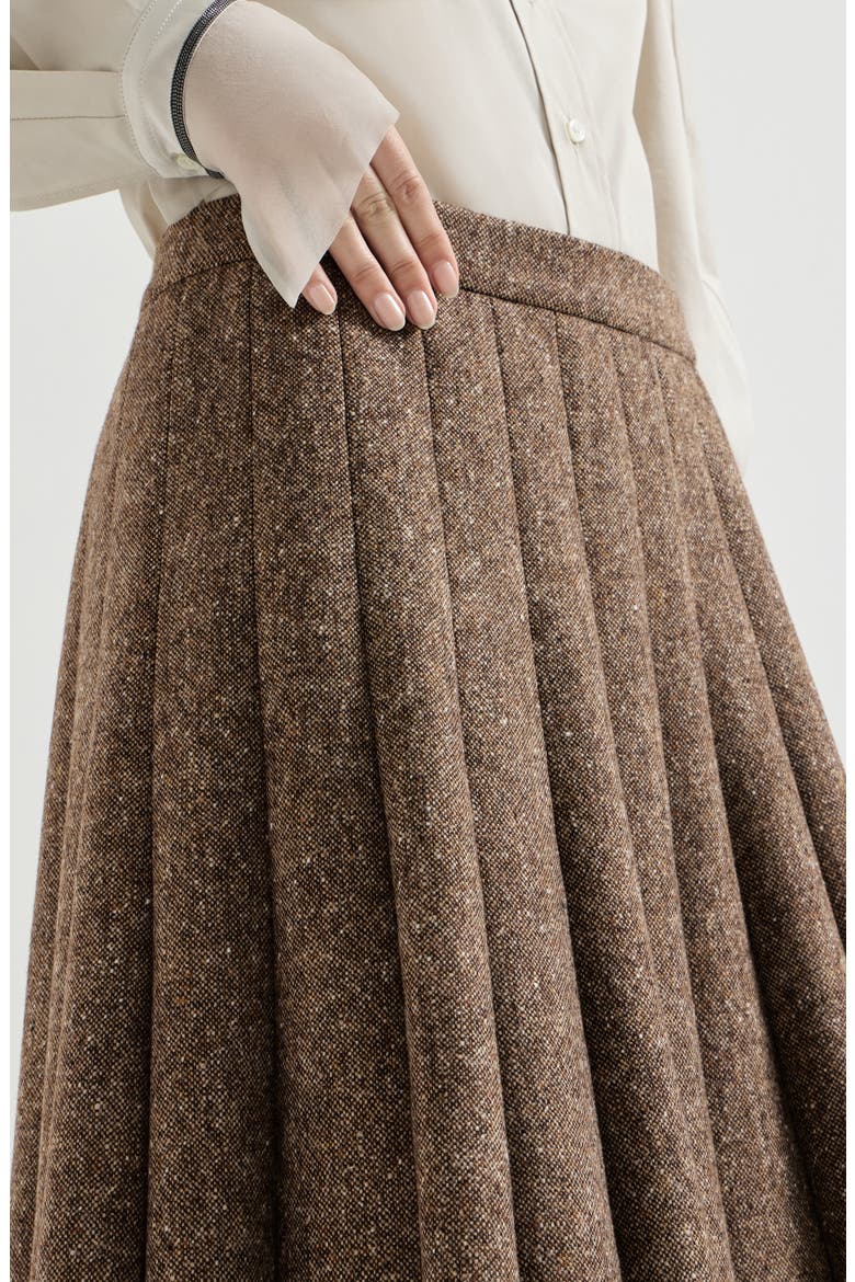 Virgin wool donegal pleated skirt, Alternate, color, Light Brown