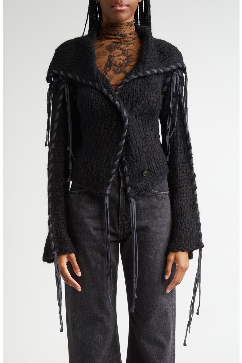 Ribbon Lacing Cardigan, Main, color, BLACK