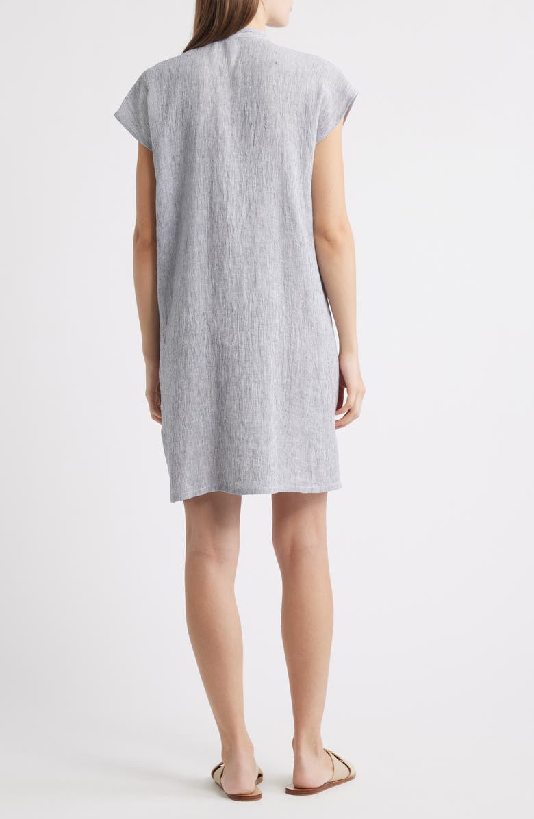 Eileen Fisher Band Collar Stripe Organic Linen Shirtdress, Alternate, color, Ink