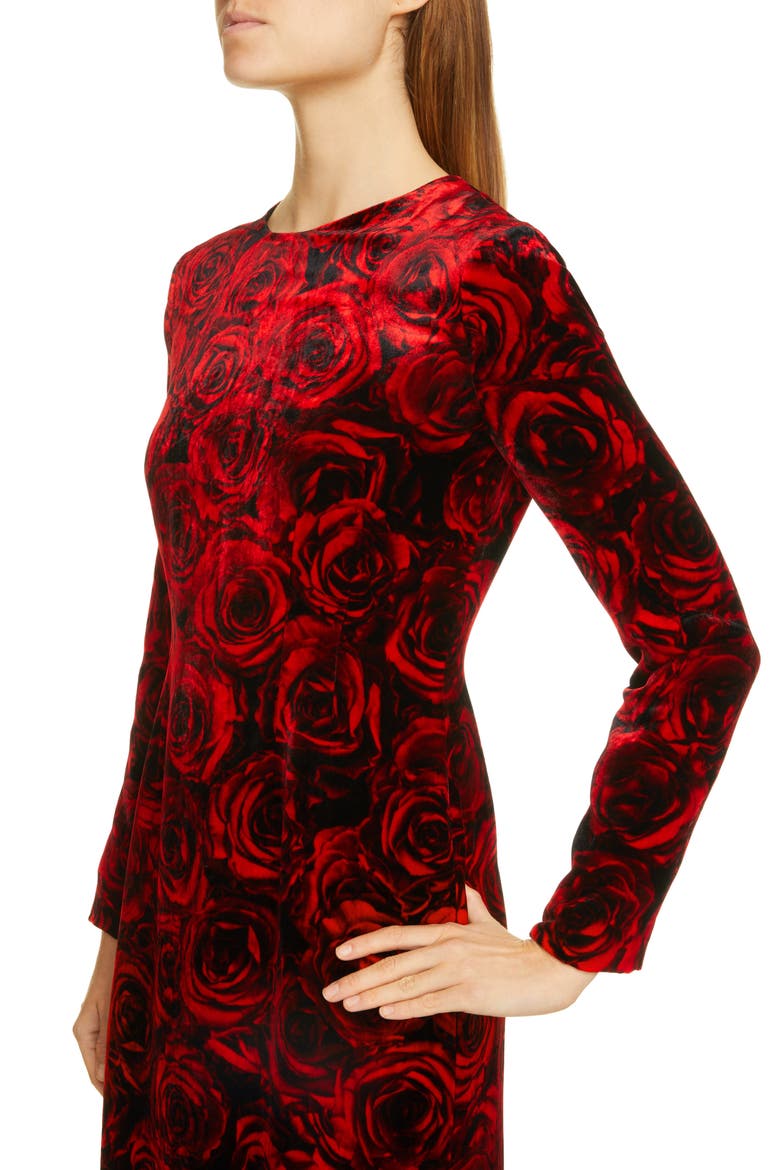Delavinia Rose Print Long Sleeve Velvet Dress, Alternate, color, RED
