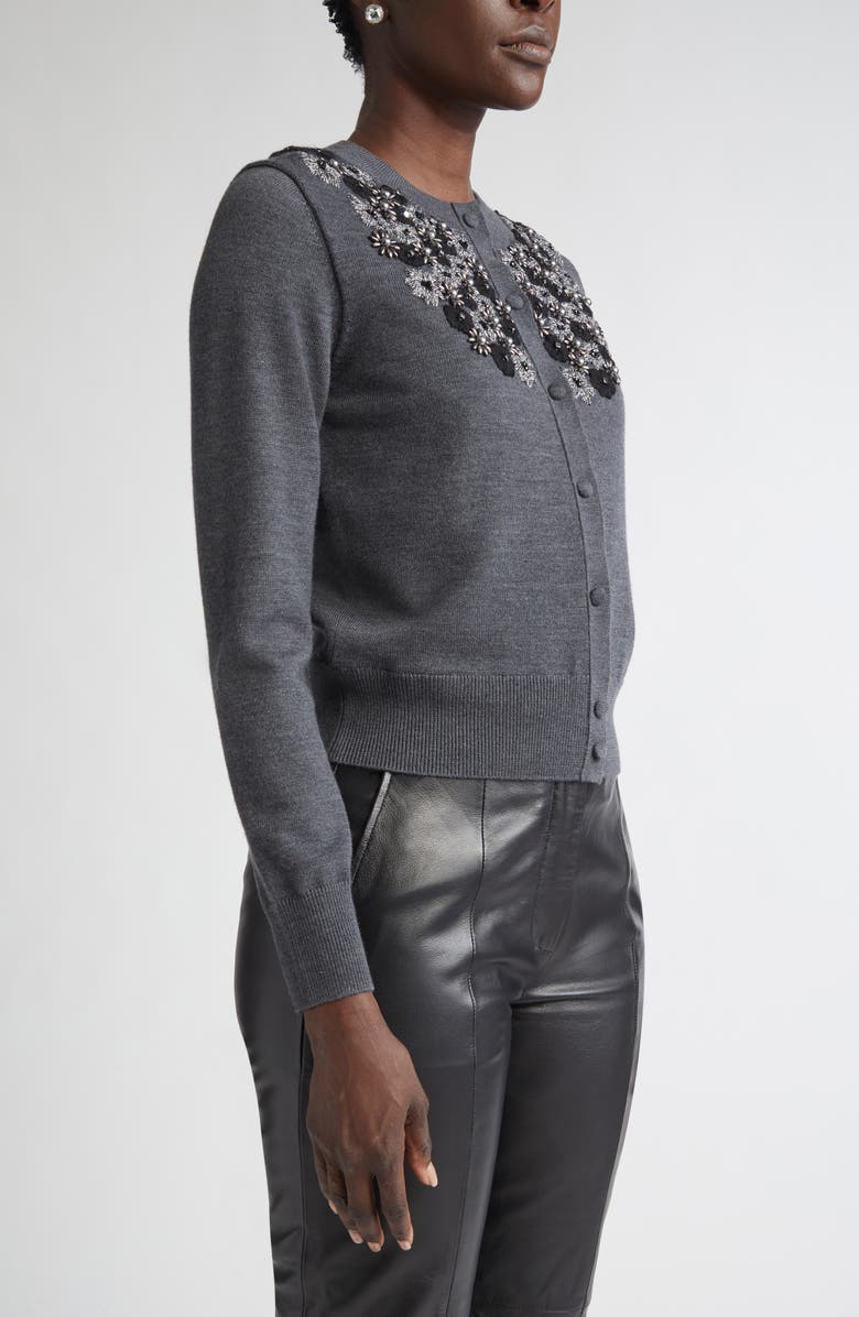 ST. JOHN Floral Embellished Wool & Silk Cardigan, Alternate, color, Medium Grey Melange