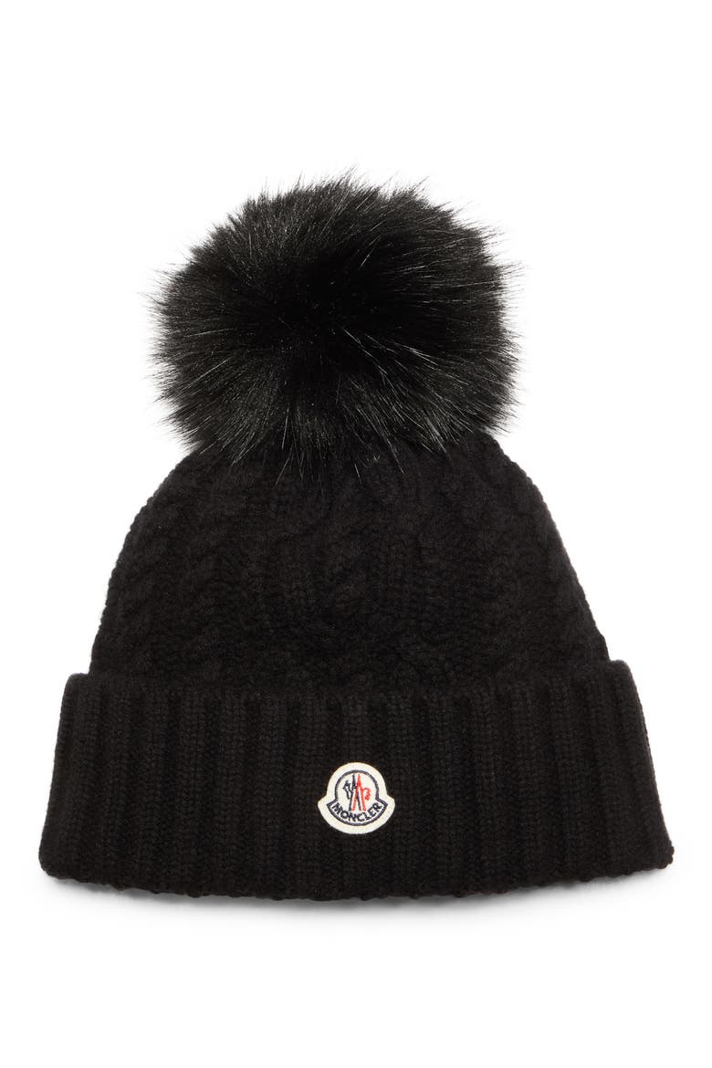 Virgin Wool & Cashmere Rib Beanie with Faux Fur Pompom, Main, color, BLACK