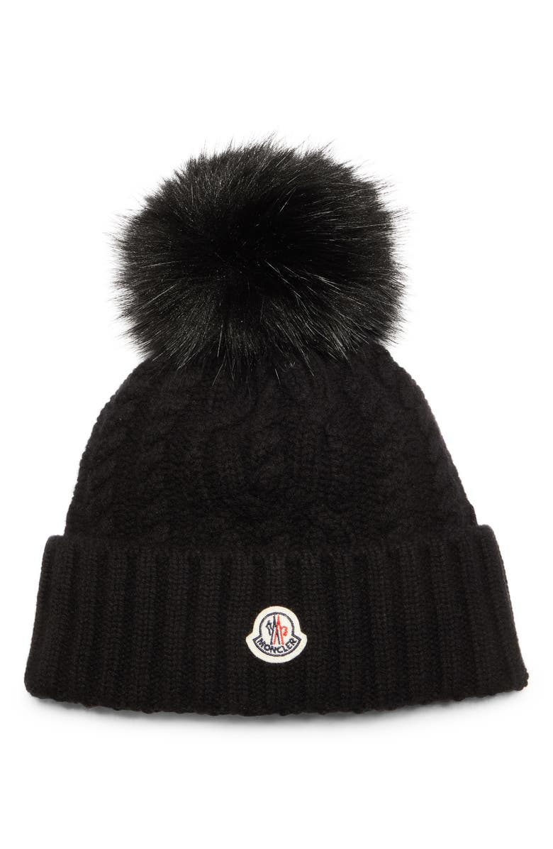 Moncler Virgin Wool & Cashmere Rib Beanie with Faux Fur Pompom, Main, color, 