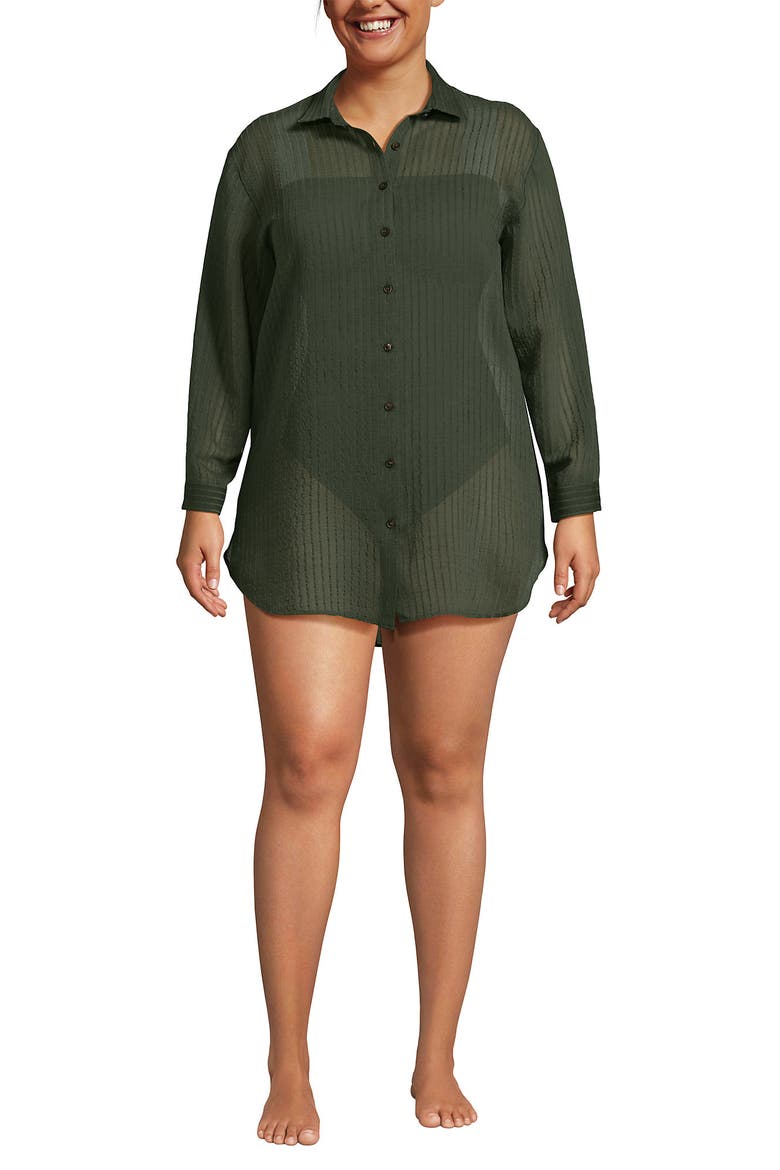 Cotton Gauze Button Down Swim Cover-up Shirt Dress, Alternate, color, Rich Olive Green