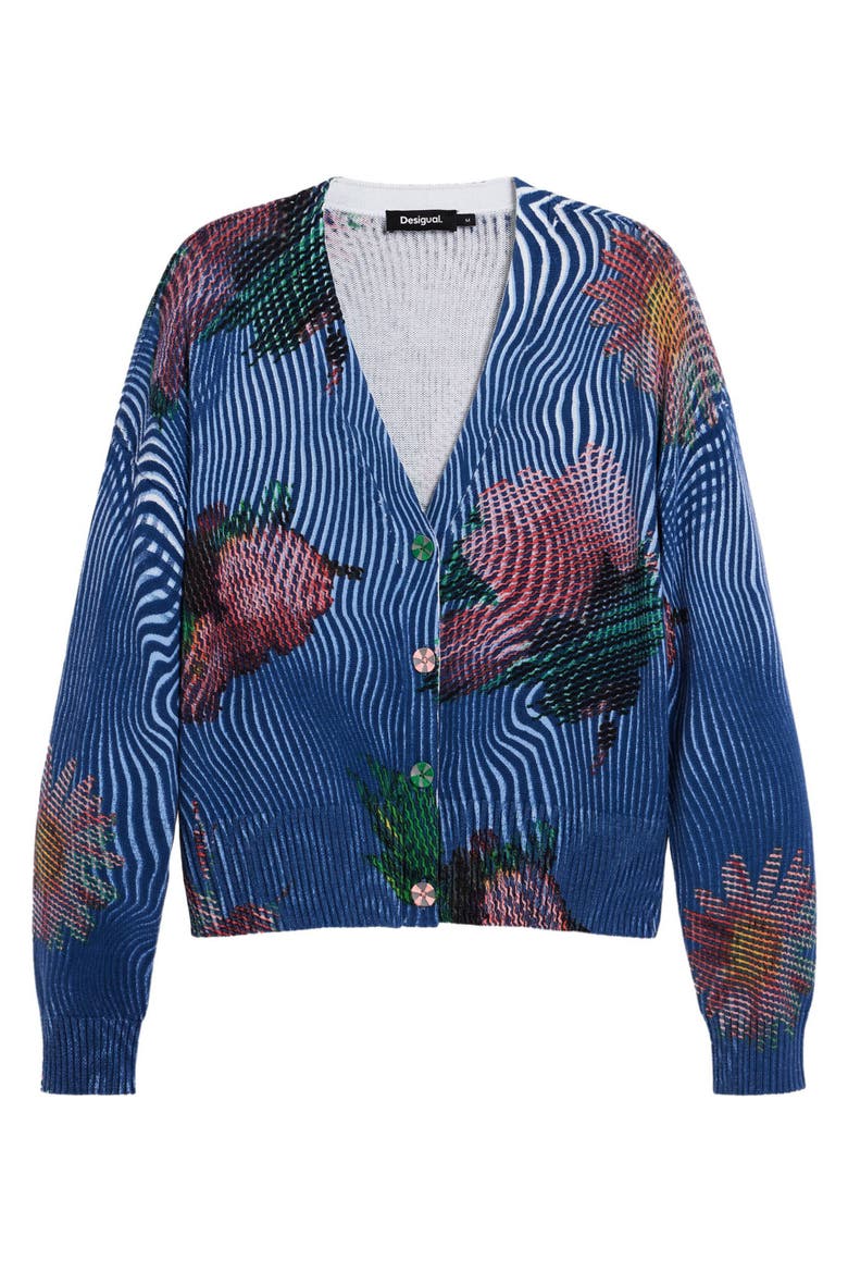 Floral V-Neck Cardigan, Alternate, color, BLUE
