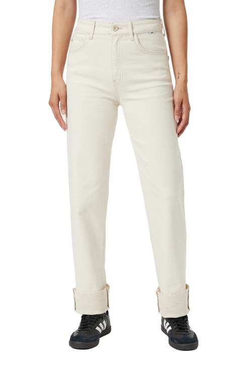 Savannah Cuffed High Waist Straight Leg Jeans (Natural Ecru Denim)