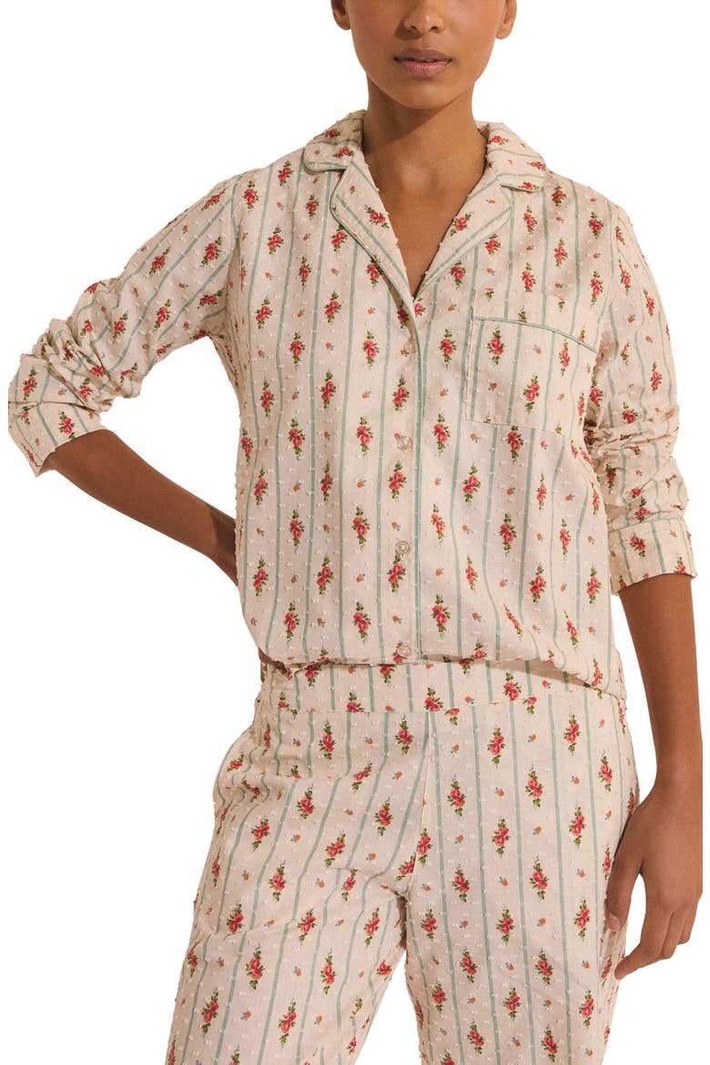 Orea Floral Swiss Dot Chemise Button-Up Pajama Shirt, Main, color, POWDER PINK