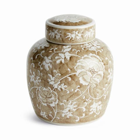 Province Lotus Lidded Jar - Brown & White Chinoiserie
