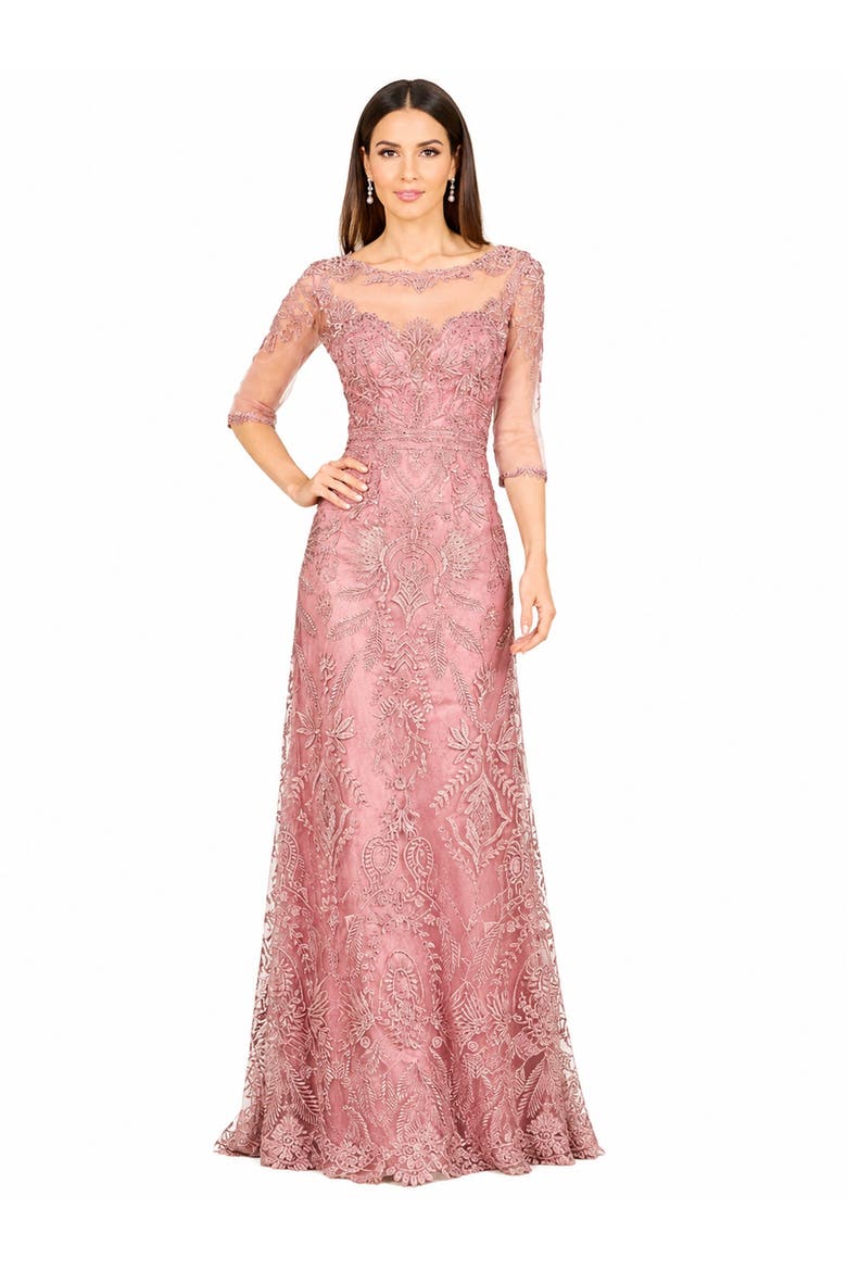 Beaded Faux-Wrap V-Neck Bridal Gown, Main, color, Rose