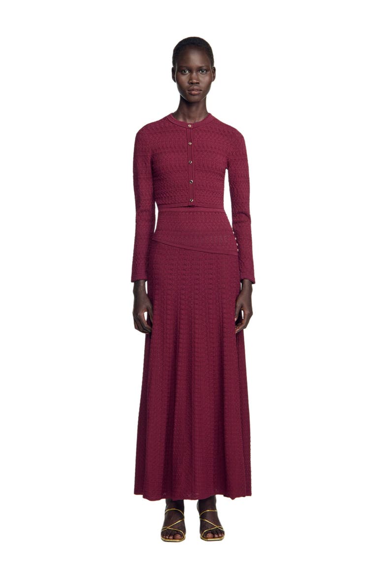 Cropped pointelle knit cardigan, Main, color, Bordeaux