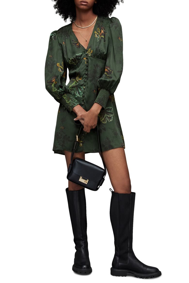 Auden Lilly Floral Long Sleeve Satin Minidress, Main, color, FOREST GREEN