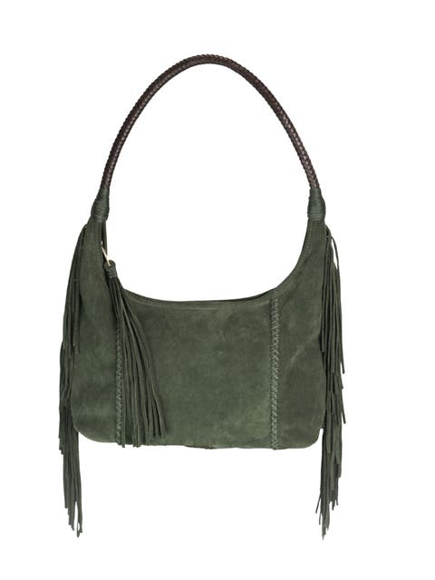 Large Fringe Top Grain Leather Hobo Shoulder Bag