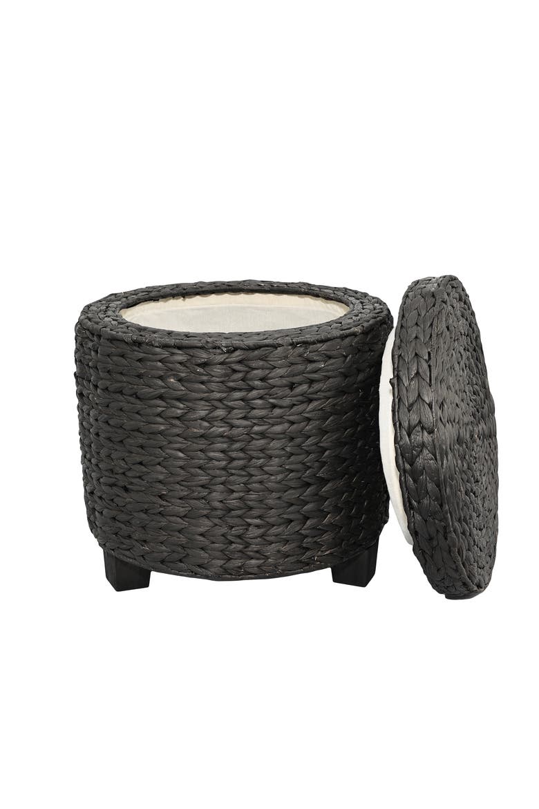 Addie 17.72" Modern Coastal Handwoven Water Hyacinth Storage Ottoman with Lid, Main, color, Black