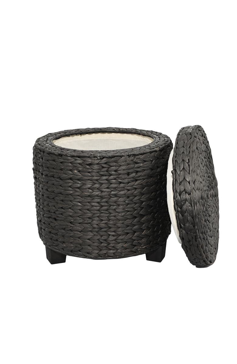 HAPPIMESS Addie 17.72" Modern Coastal Handwoven Water Hyacinth Storage Ottoman with Lid, Main, color, Black
