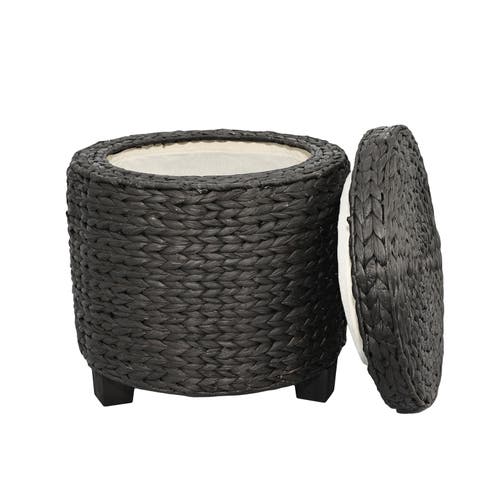 Addie 17.72" Modern Coastal Handwoven Water Hyacinth Storage Ottoman with Lid
