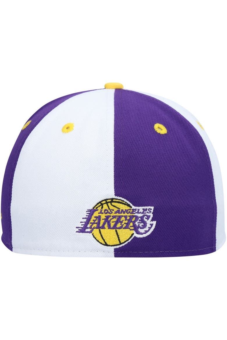 Men's New Era Purple/White Los Angeles Lakers Script Pinwheel 59FIFTY Fitted Hat, Alternate, color, Purple
