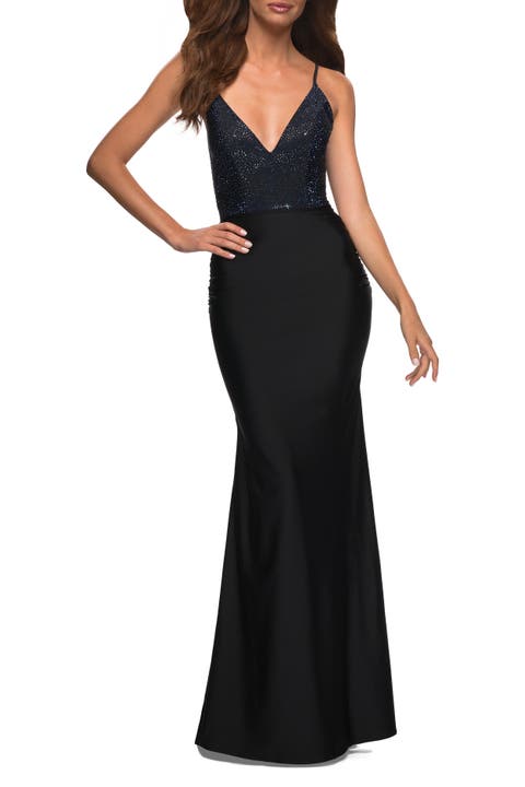 Jersey Dress with Rhinestone Beaded Top and V Neck