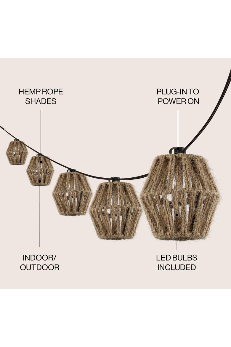 Samara 10-Light Indoor/Outdoor Mid-Century Classic Incandescent C7 Lantern Hemp Rope Shaded String Lights, Alternate, color, Brown