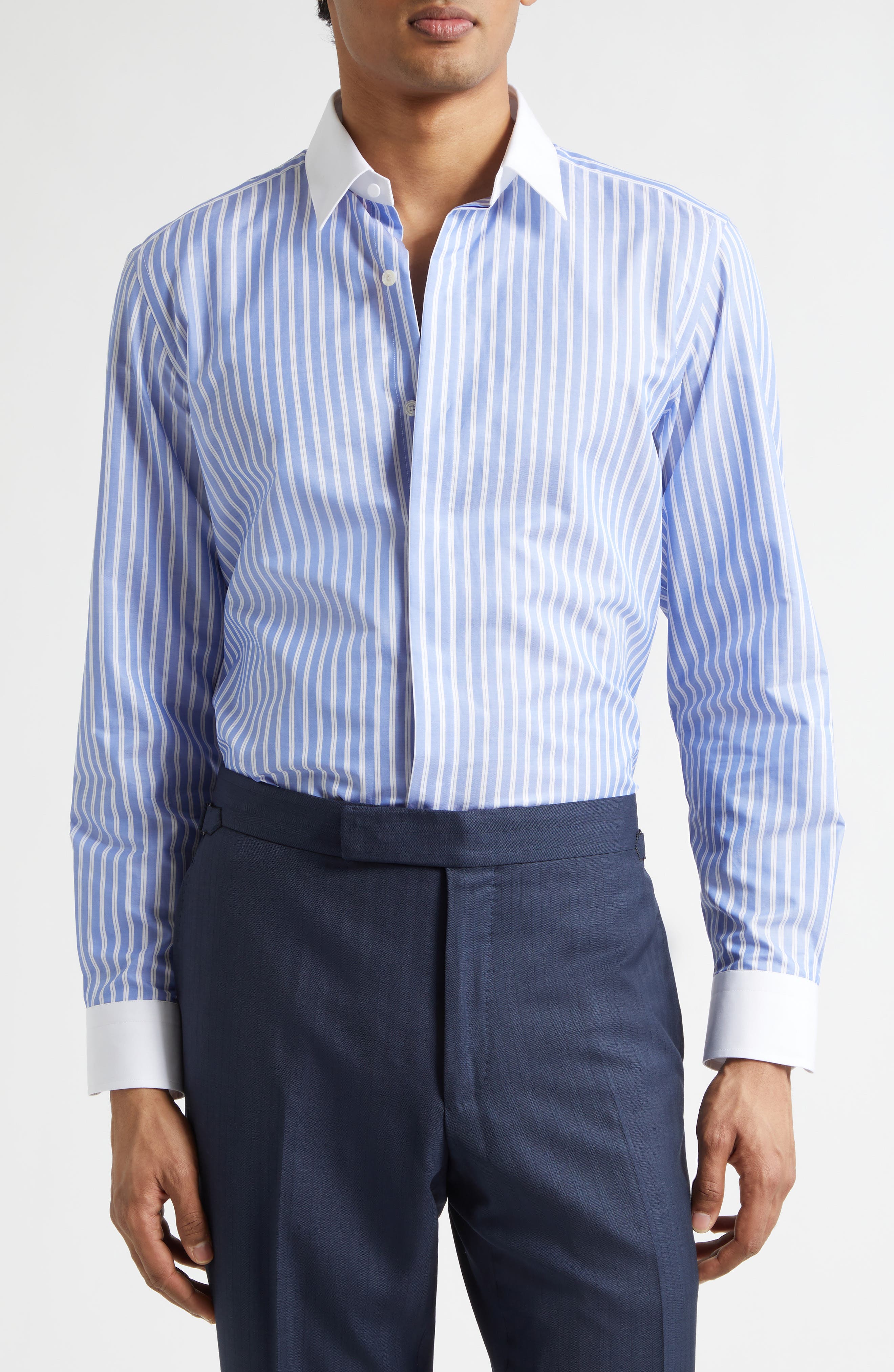 Classic Fit Contrast Collar Stripe Button-Up Shirt