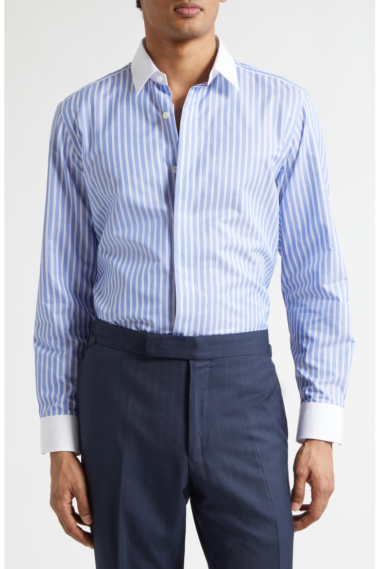 Classic Fit Contrast Collar Stripe Button-Up Shirt, Main, color, WHITE/ BLUE