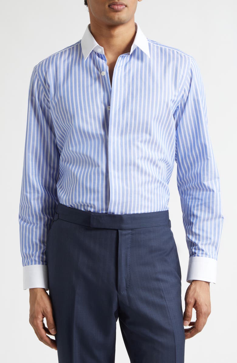 TOM FORD Classic Fit Contrast Collar Stripe Button-Up Shirt, Main, color, White/ Blue