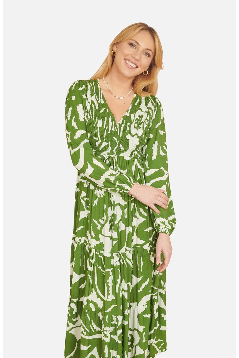 Abstract Print Ruched V-Neck Midi Dress, Alternate, color, Green