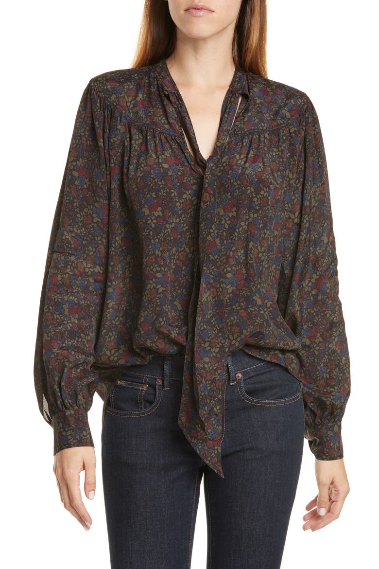 Floral Print Tie Neck Shirt, Main, color, MULTI