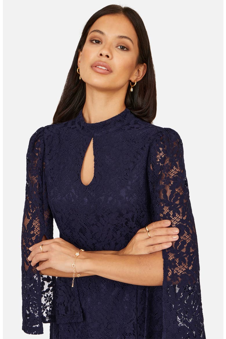 Lace Fitted Midi Dress, Alternate, color, Navy