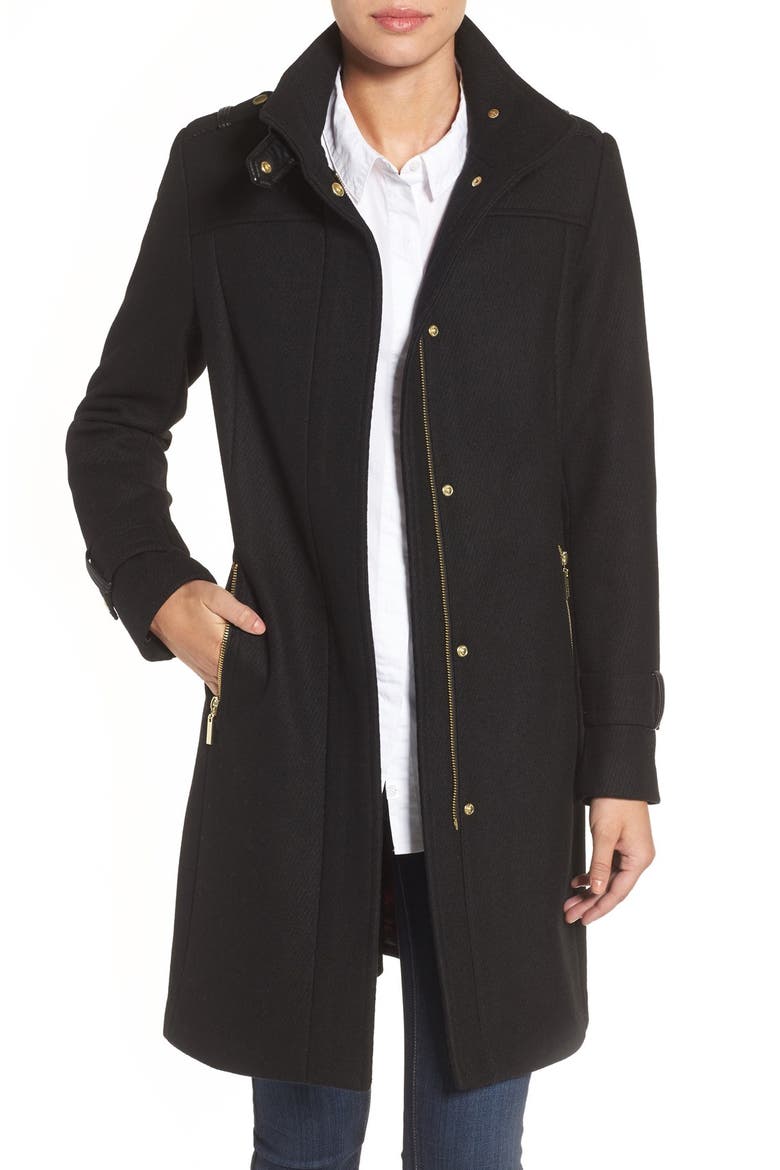 Cole Haan Funnel Neck Wool Blend Coat, Main, color, BLACK