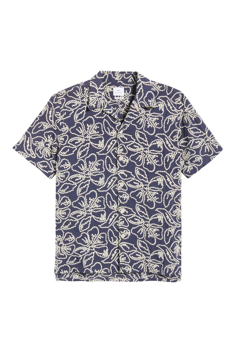 Casual Fit Floral Embroidered Camp Shirt, Alternate, color, VERY DARK NAVY
