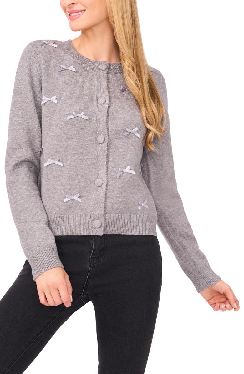 CeCe Bow Detail Crewneck Cardigan, Main, color, Light Heather Grey