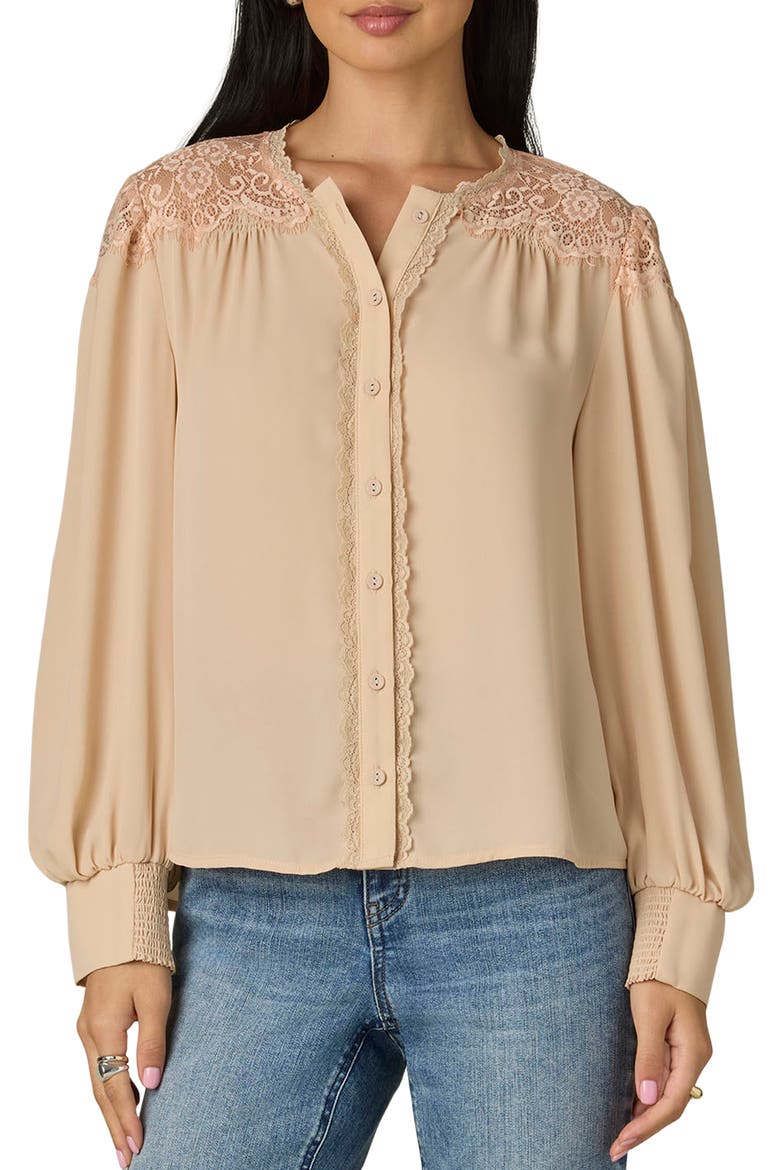 Lace Inset Button Front Shirt, Main, color, SANDSTONE
