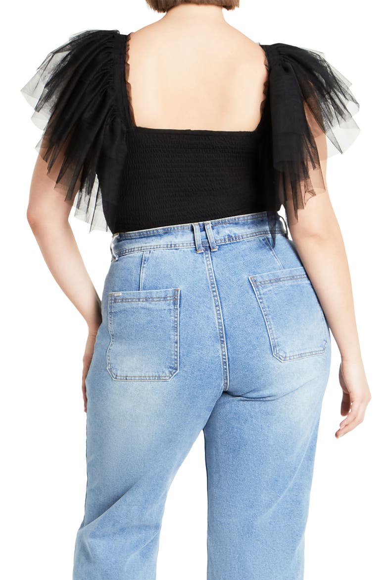 Azariah Shirred Tulle Sleeve Bodysuit, Alternate, color, BLACK