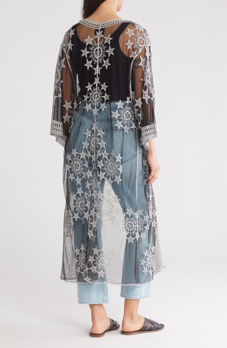 Forgotten Grace Embroidered Tie Front Duster, Alternate, color, Black/ White