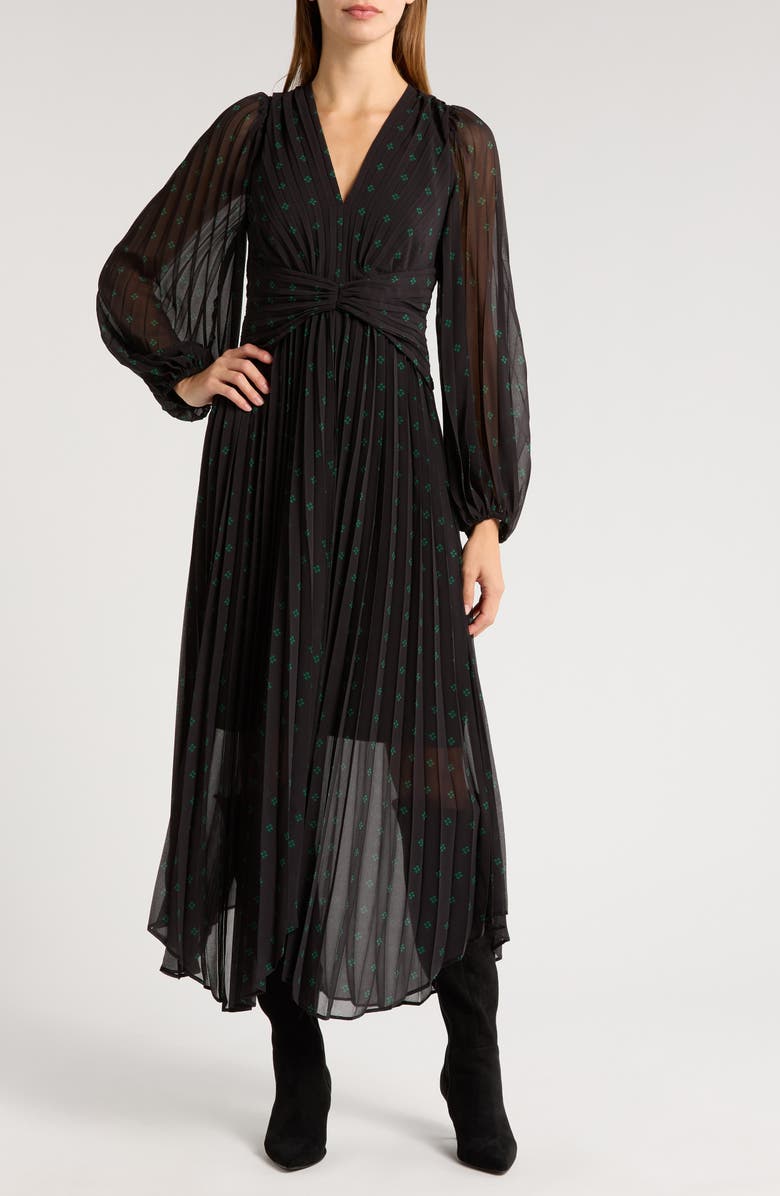 Chelsea28 Pleated Long Sleeve Chiffon Dress, Main, color, Black- Green Medi Dot