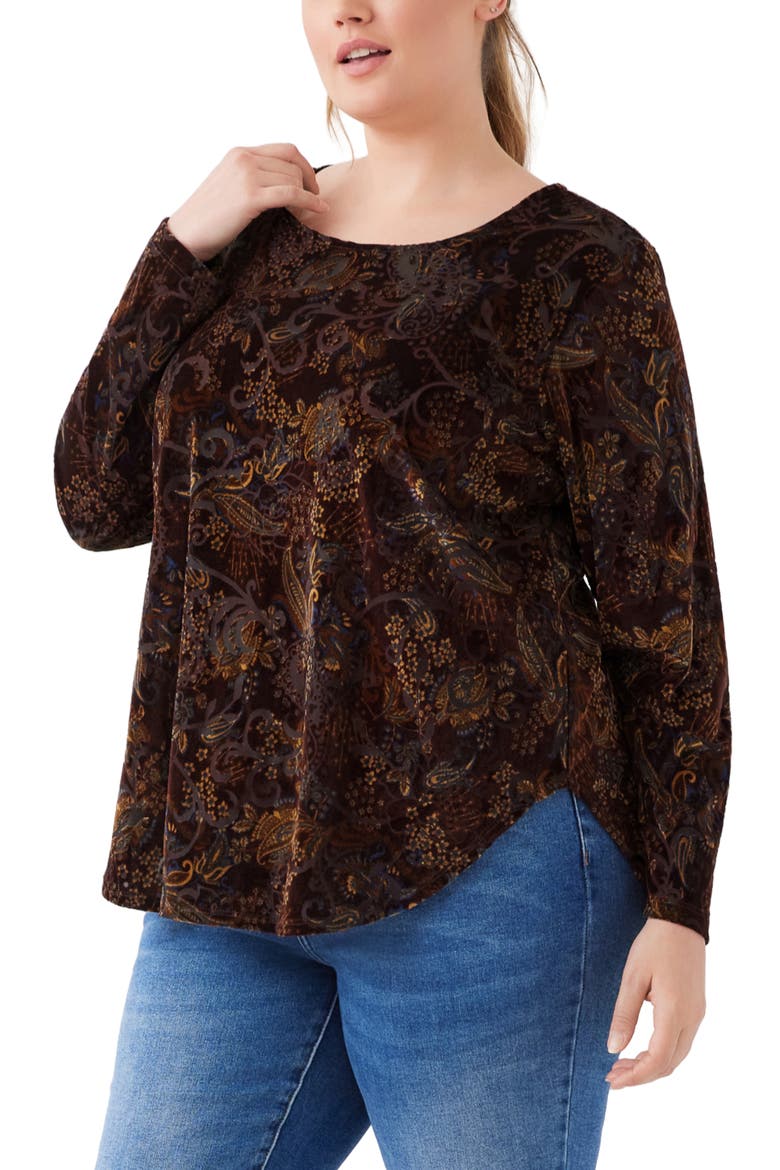 Velvet Burnout Shirttail Top, Alternate, color, CHOCOLATE