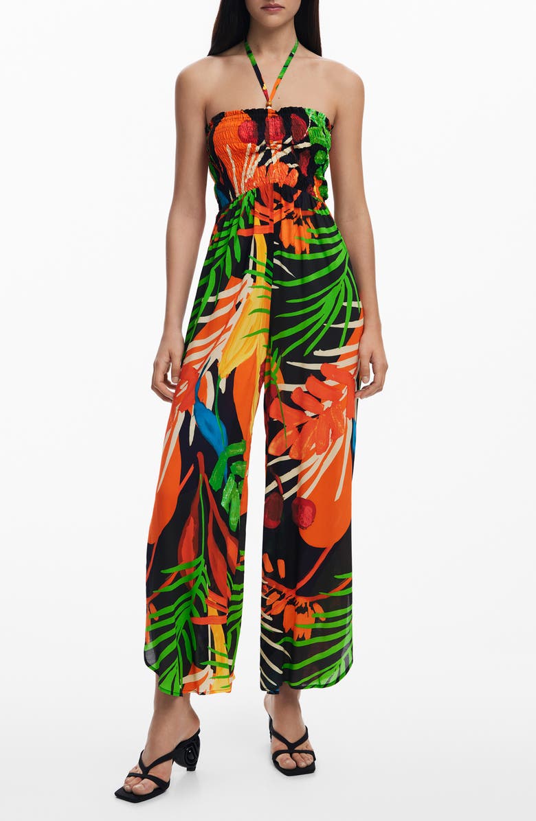 Desigual Tropical Print Halter Cover-Up Jumpsuit, Main, color, Black